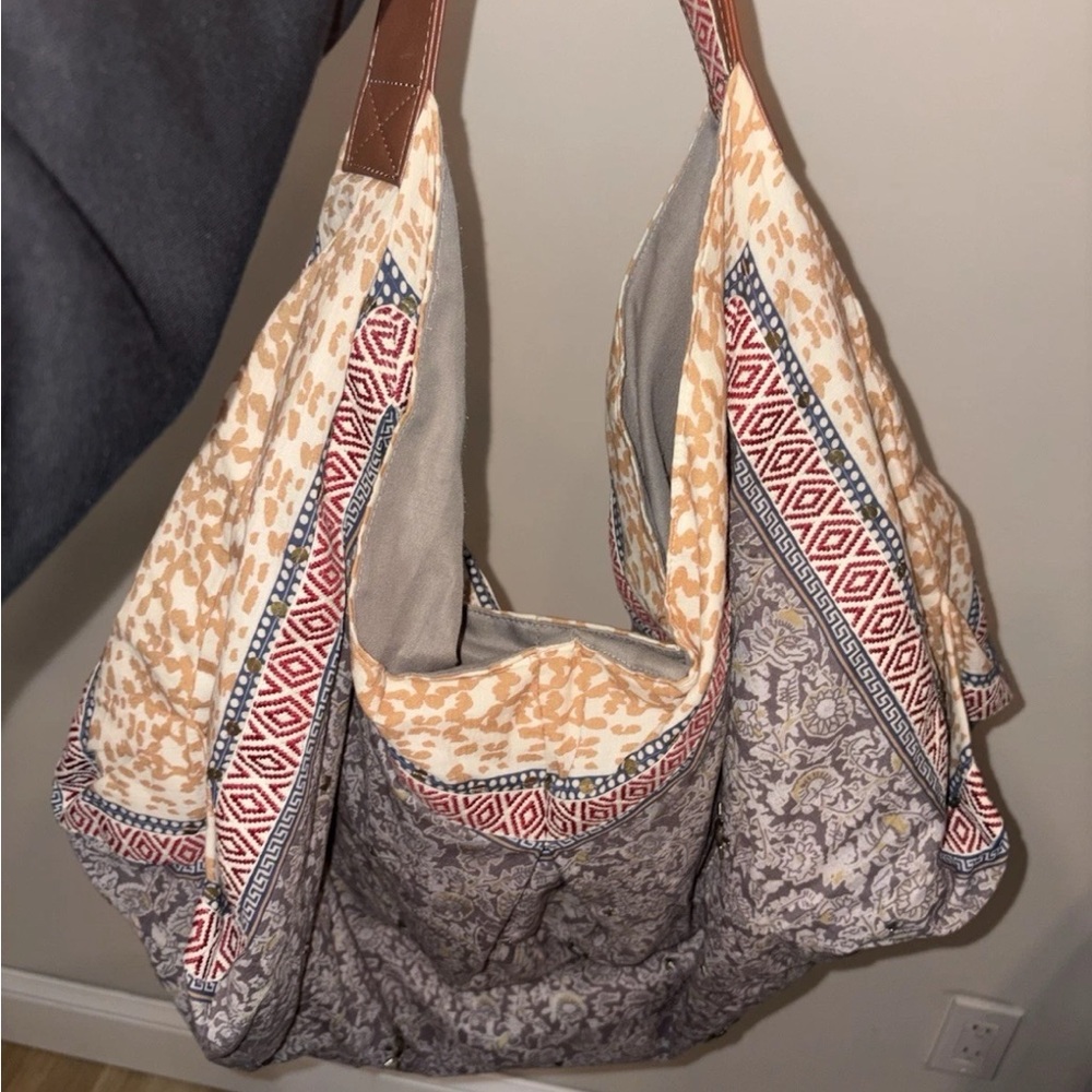 Free People Patchwork Hobo Shoulder Bag in Beige, Gray and Red Trim
